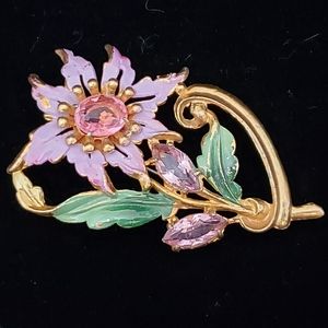 Vintage Pink Glass Enamel Flower Brooch Art Nouveau Style 30's 40's Fluorescent